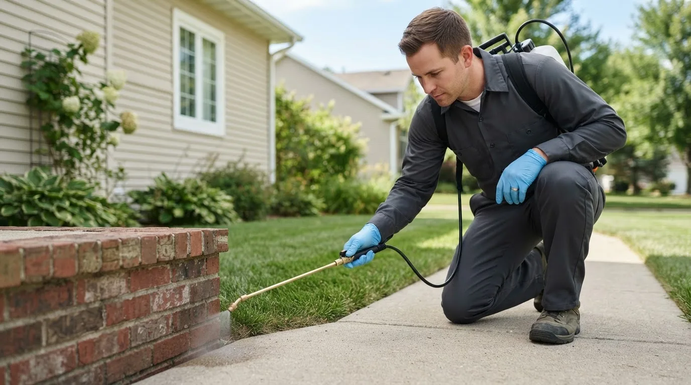 Pest control technician treating a home near Wells, ME